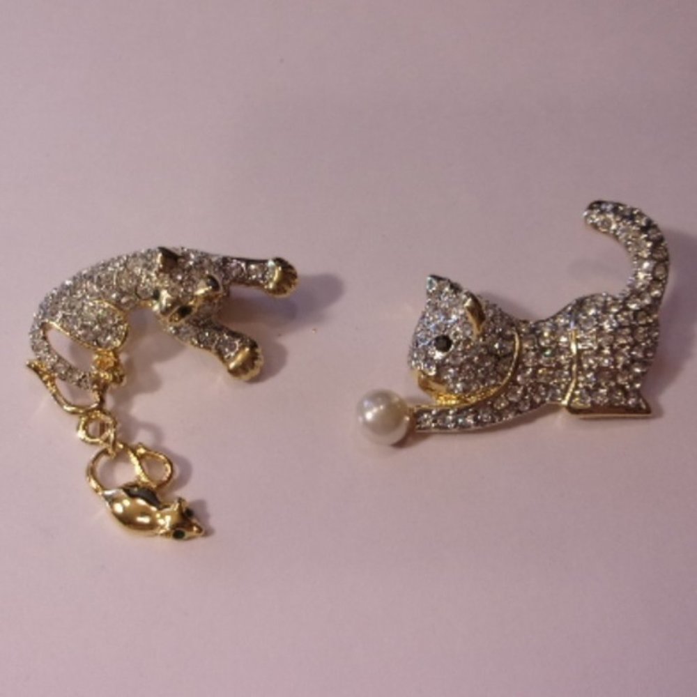 "Two Pave Rhinestone Kitten Cat Brooches "
